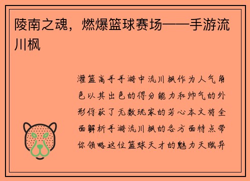 陵南之魂，燃爆篮球赛场——手游流川枫